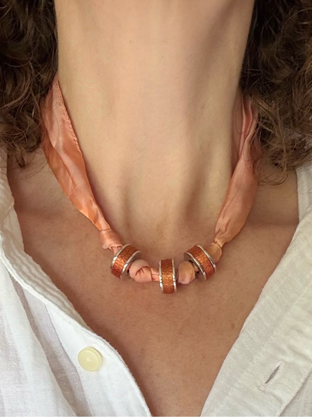 Calgaro Sterling Silver 925 Peach Silk Ribbon Necklace Italy NWT